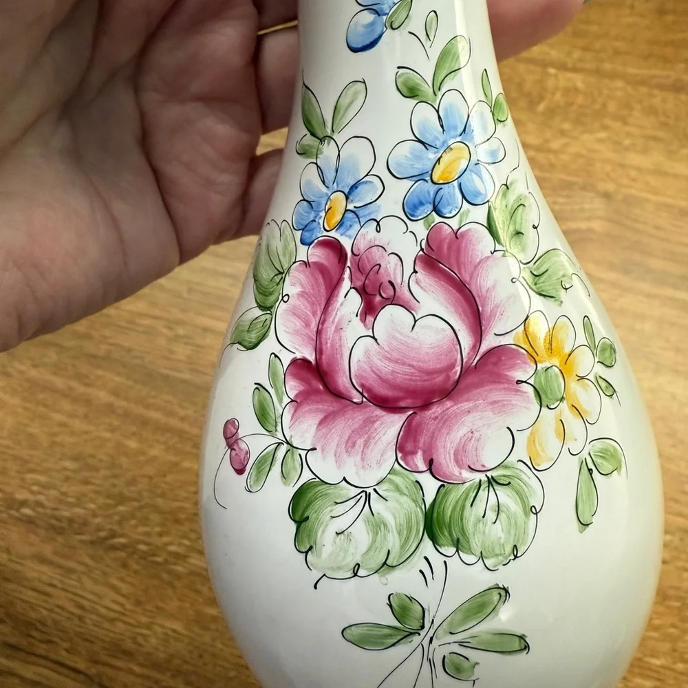 Signed Floral Ceramic Vase with Pink and Blue Accents